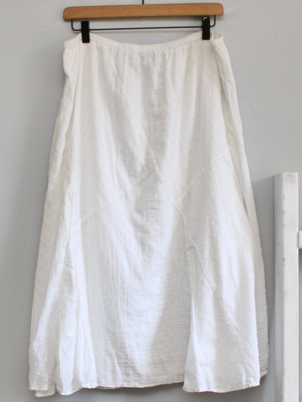 JM Collection White Peasant Eyelet Embroidered Patchwork A-Line Midi Skirt Large - Picture 1 of 6